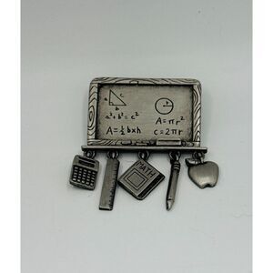 Vintage JJ Jonette Pewter Math Chalkboard School Teacher Charm Brooch Pin Apple